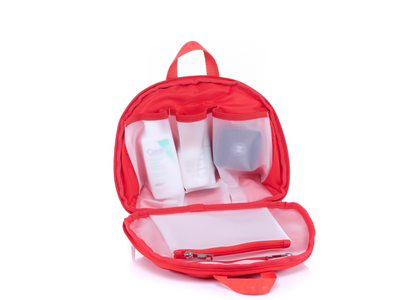Toiletry Case interior view highlighting 3 compartments center zip pocket #color_cherry-red