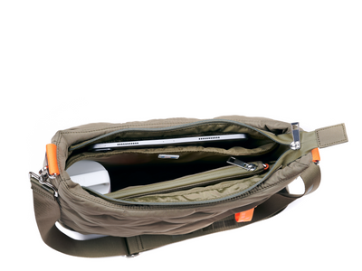 Arly Messenger Tote interior view with snap out pouch, water bottle and iPad #color_olive
