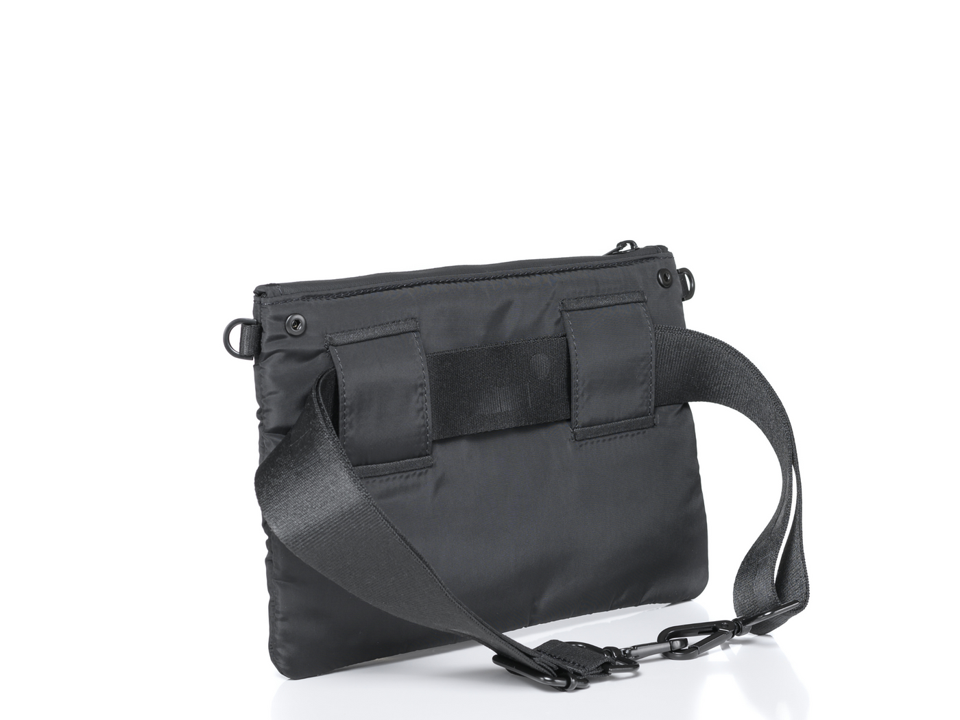 Go 2 tote snap out pouch back view shown as a belt bag #color_black-silver