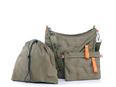 Arly Messenger bag front view with drawstring pouch and crossbody bag #color_olive