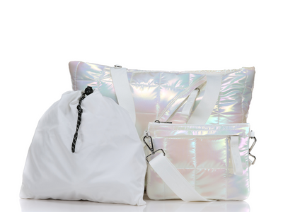 White medium tote bag with drawstring pouch and extra strap #color_iridescent