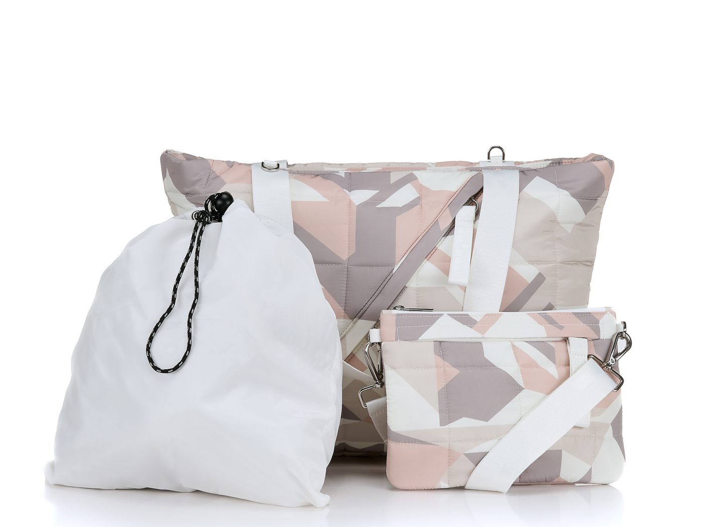 Go 2 Tote front view with crossbody and drawstring pouch #color_camo-latte