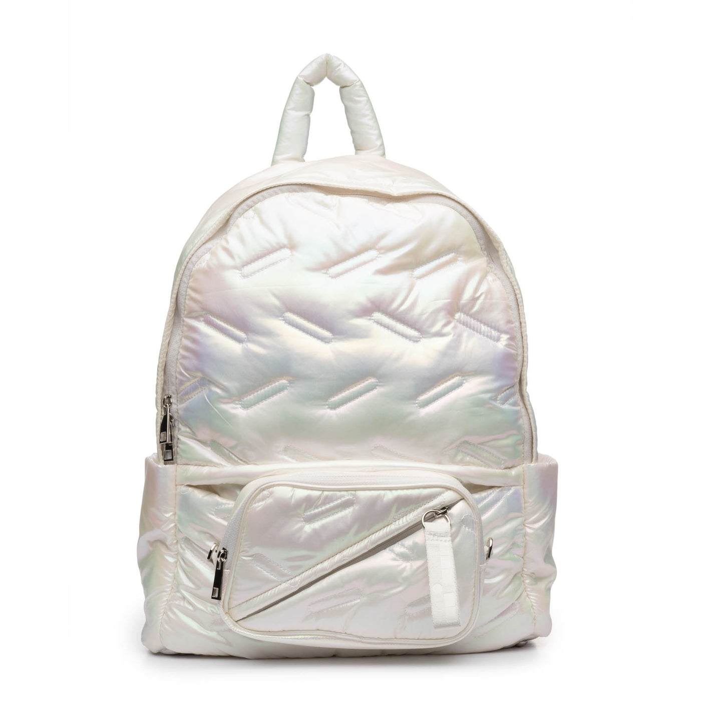 Maya backpack front view with pouch snapped on the front #color_iridescent