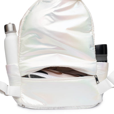 Maya backpack rear view packed up with sneakers, water, and umbrella #color_iridescent