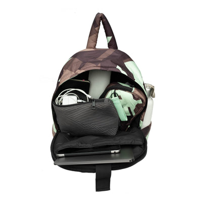 Maya backpack interior view packed with laptop, ipad, pouch, makeup case, warby parker glasses, and water bottle #color_mint-chip