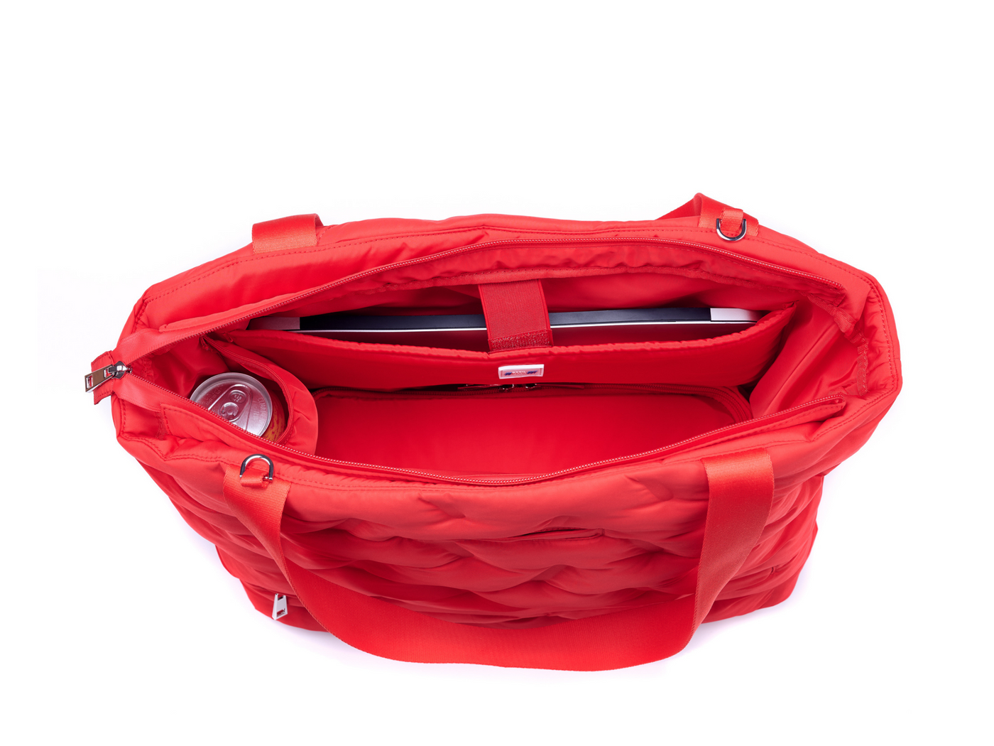 Go 2 Tote interior view featuring padded laptop section and bottle holder #color_cherry-red