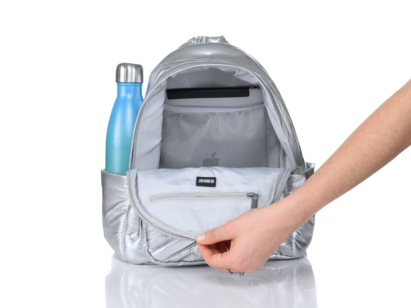 mini maya backpack silver interior view with swell water bottle and standard size iPad #color_silver