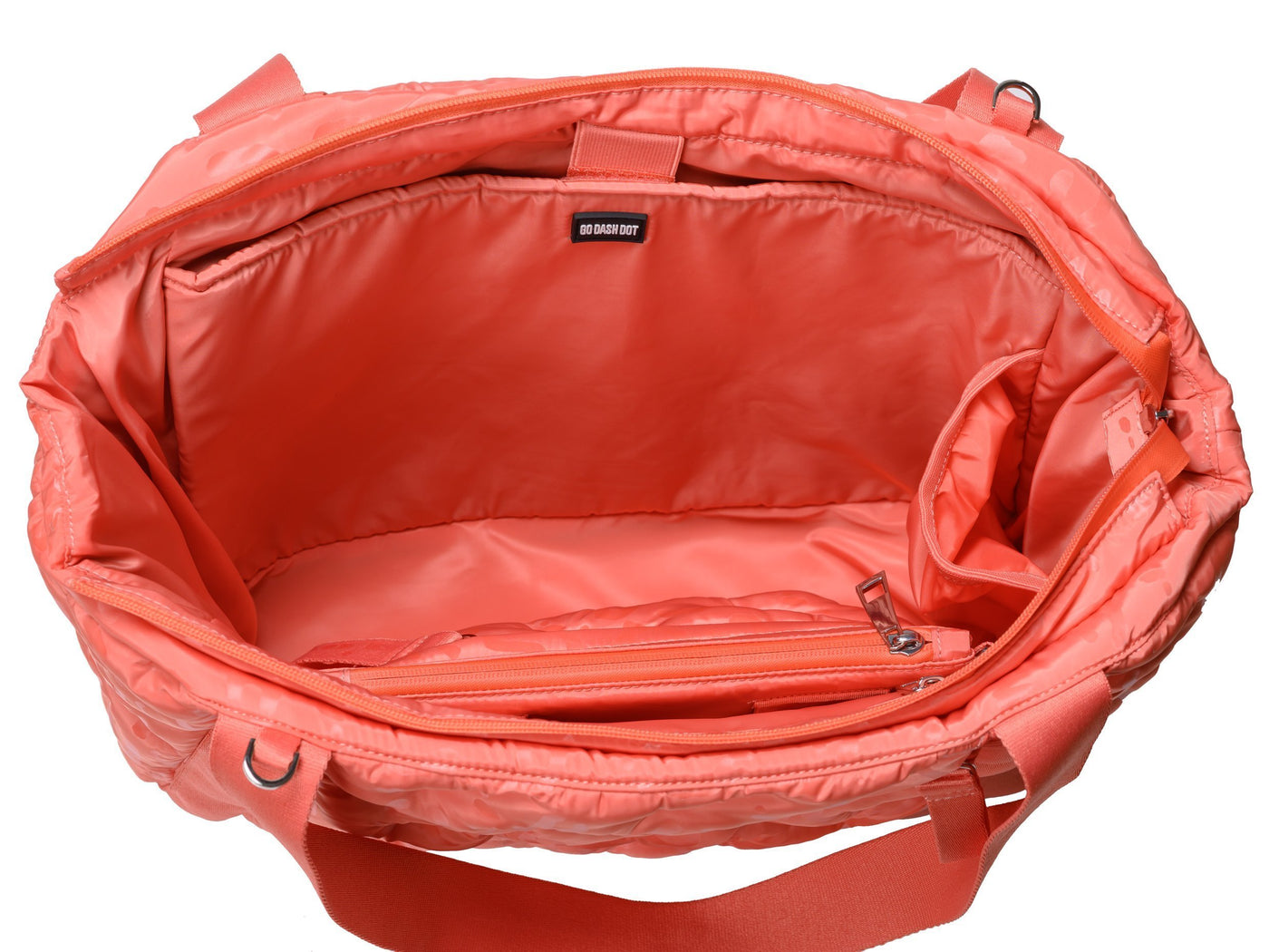 Easy Tote 2 Coral Cheetah Interior shot showing padded laptop section, water bottle holder, and snap in snap out pouch attached to the bag  #color_coral-cheetah