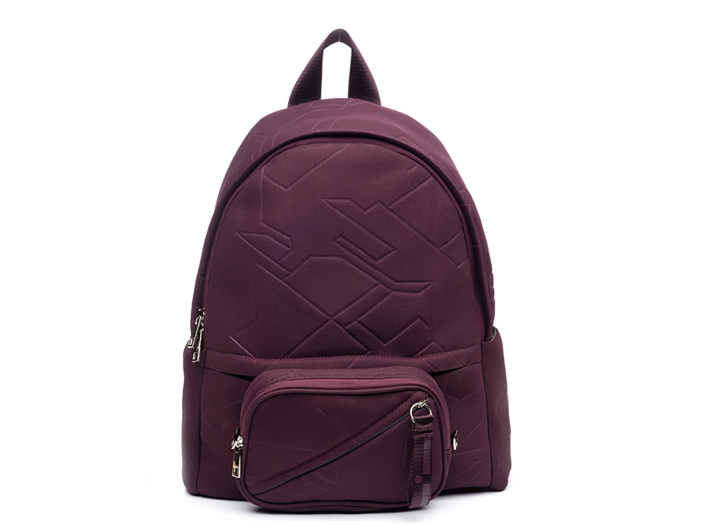 Maya Backpack Bordeaux front view with snap on pouch  #color_bordeaux-mesh