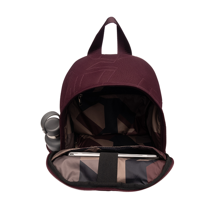 Maya Backpack has a black, grey, and Bordeaux camo lining, 2 exterior slip pockets (fits a Hydroflask or s'well bottle), padded laptop section (fits up to a 13" MacBook Pro), an interior zip pocket. #color_bordeaux-mesh