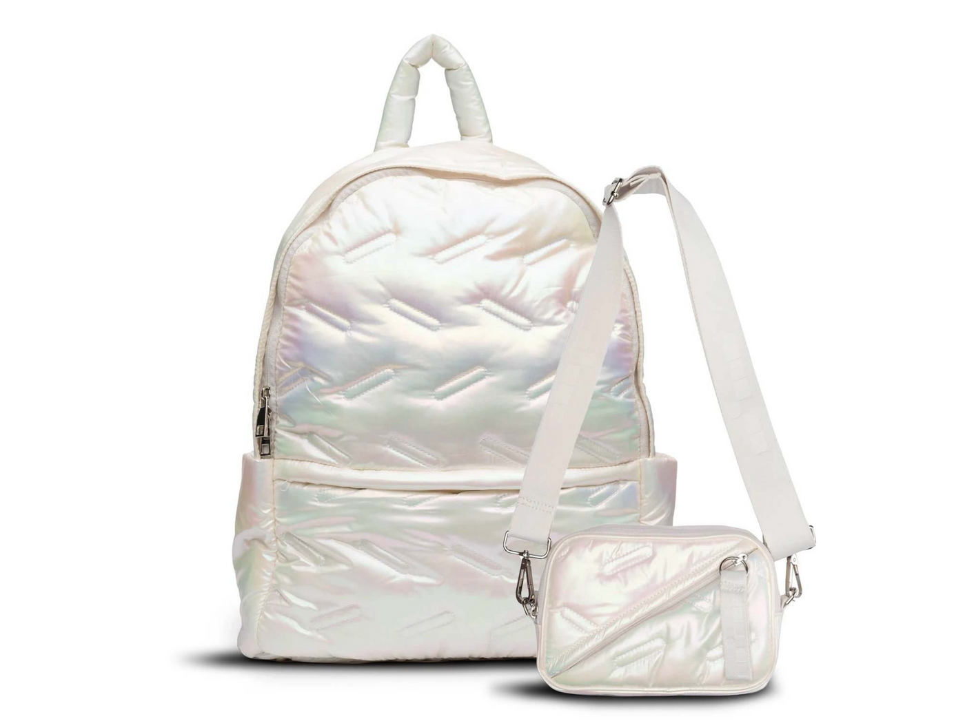 Maya backpack iridescent front view with snap off pouch #color_iridescent