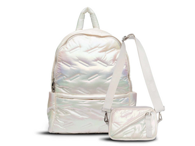 Maya backpack iridescent front view with snap off pouch #color_iridescent