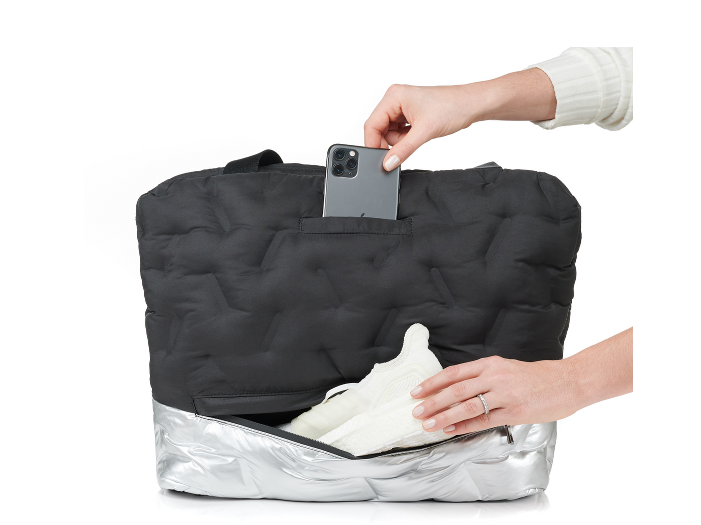 Go 2 Tote back view with sneakers and cell phone #color_black-silver