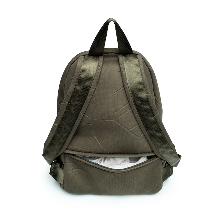 Maya backpack olive mesh back view showing sneaker pocket #color_olive-mesh