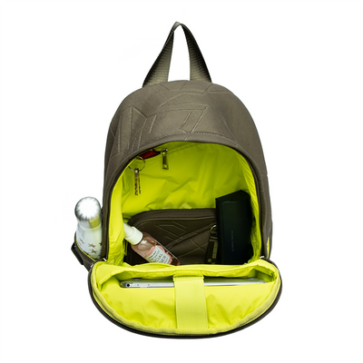 Maya backpack olive interior view packed with swell bottle, snap out pouch, warby parker glasses, trader joes facial cleanser, and laptop  #color_olive-mesh